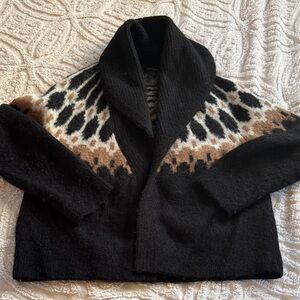Banana Republic Black Sweater Cardigan with Brown and White Fair Isle Yoke